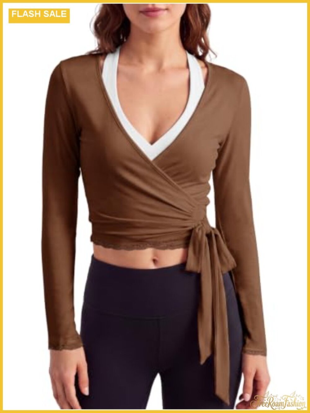 Long Sleeve Wrap Workout Shirt Tie Waist Lace Y2K Yoga Athletic Top